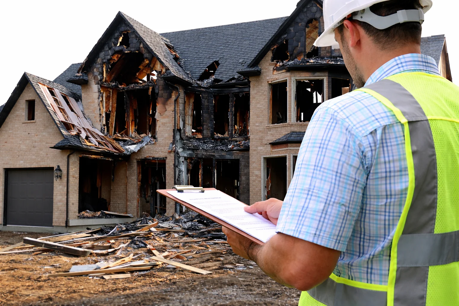 Construction manager inspecting a burned house