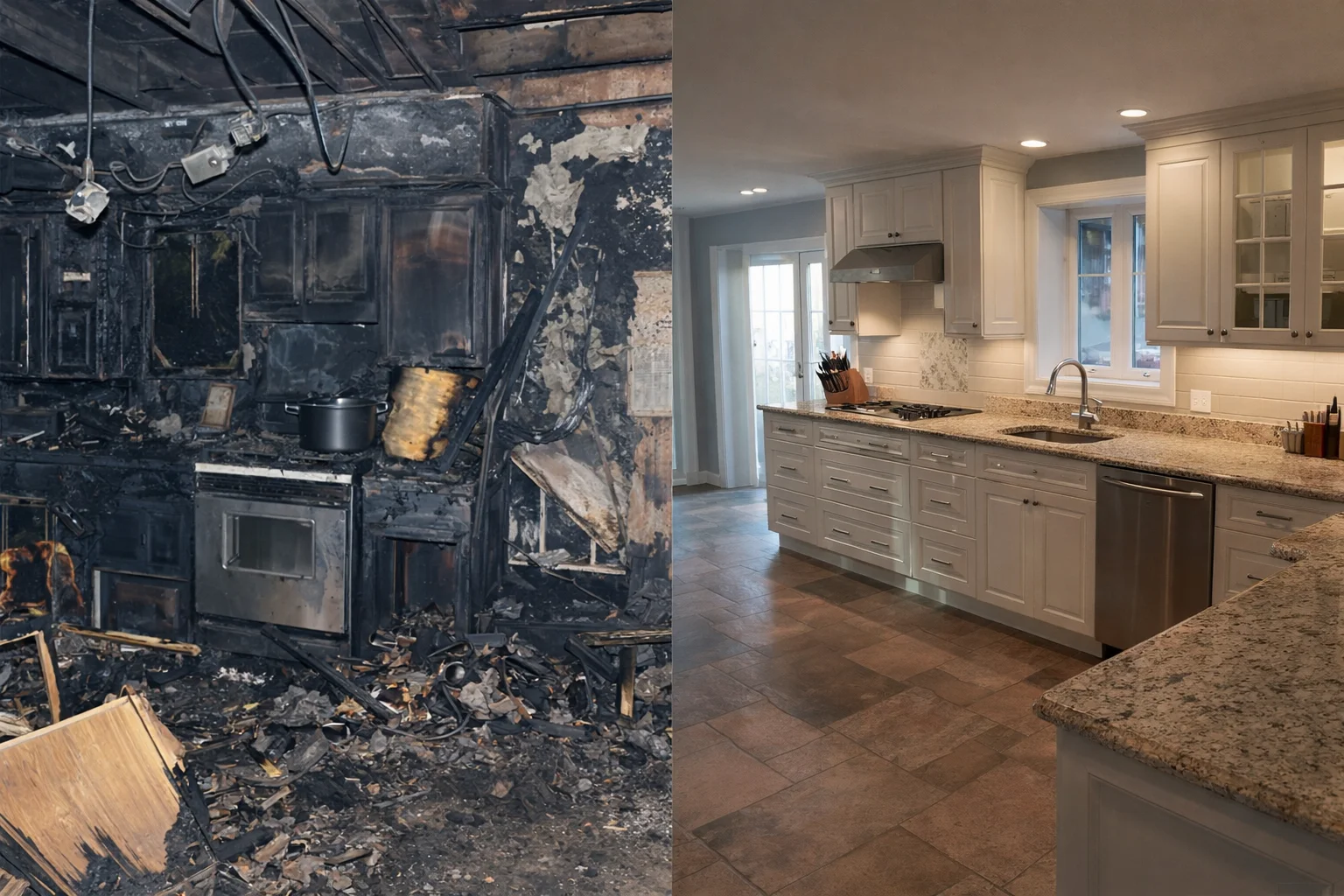 Dramatic contrast between a fire-damaged kitchen and a modern, renovated kitchen.